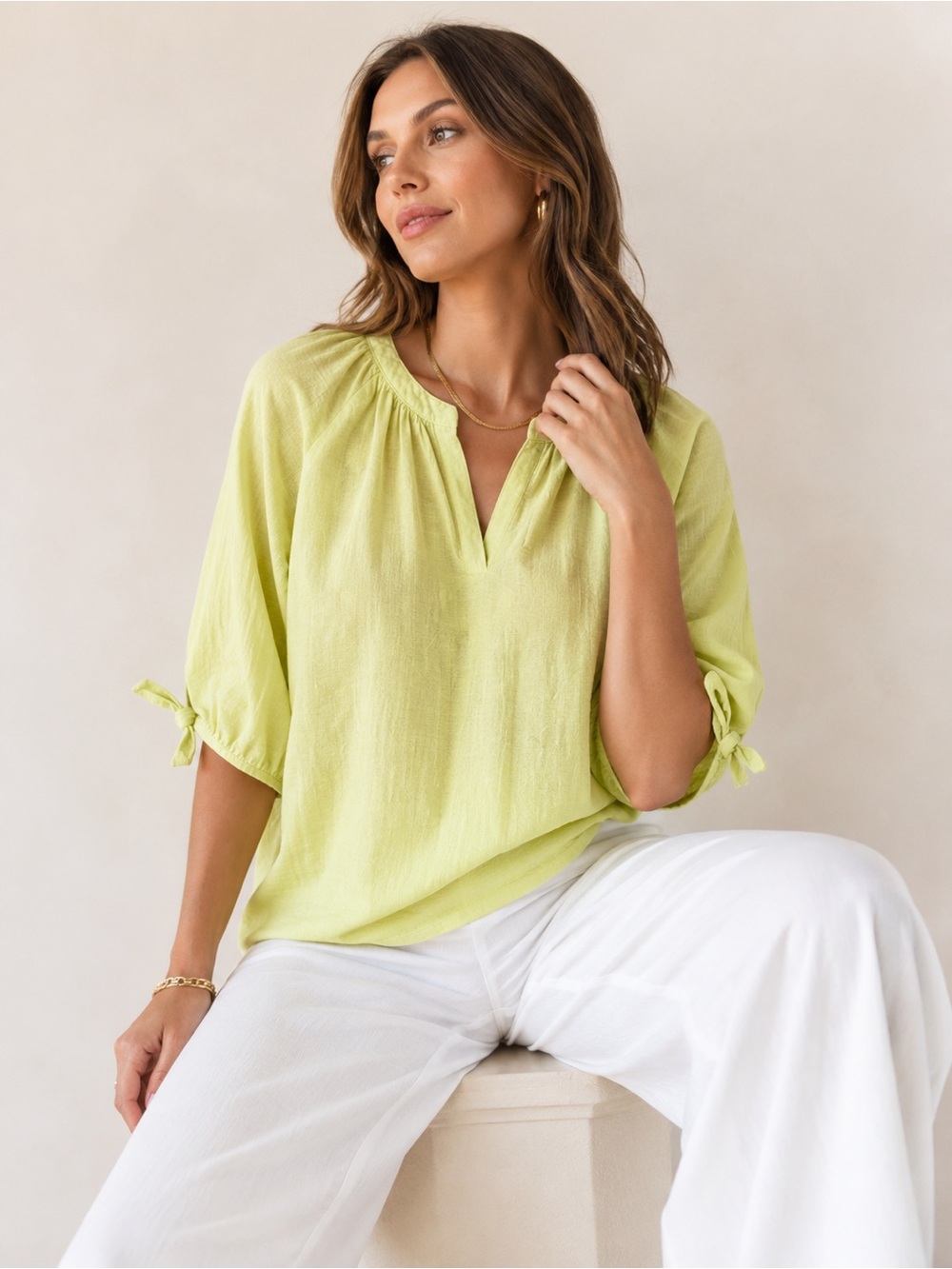 Jones New York Women's Linen Blend Split Neck Top Lime Green Size XL - Picture 2 of 11